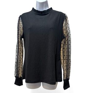Blooming Jelly Black Top L Sheer Polka Dot Sleeves Mock Neck Romantic Whimsigoth